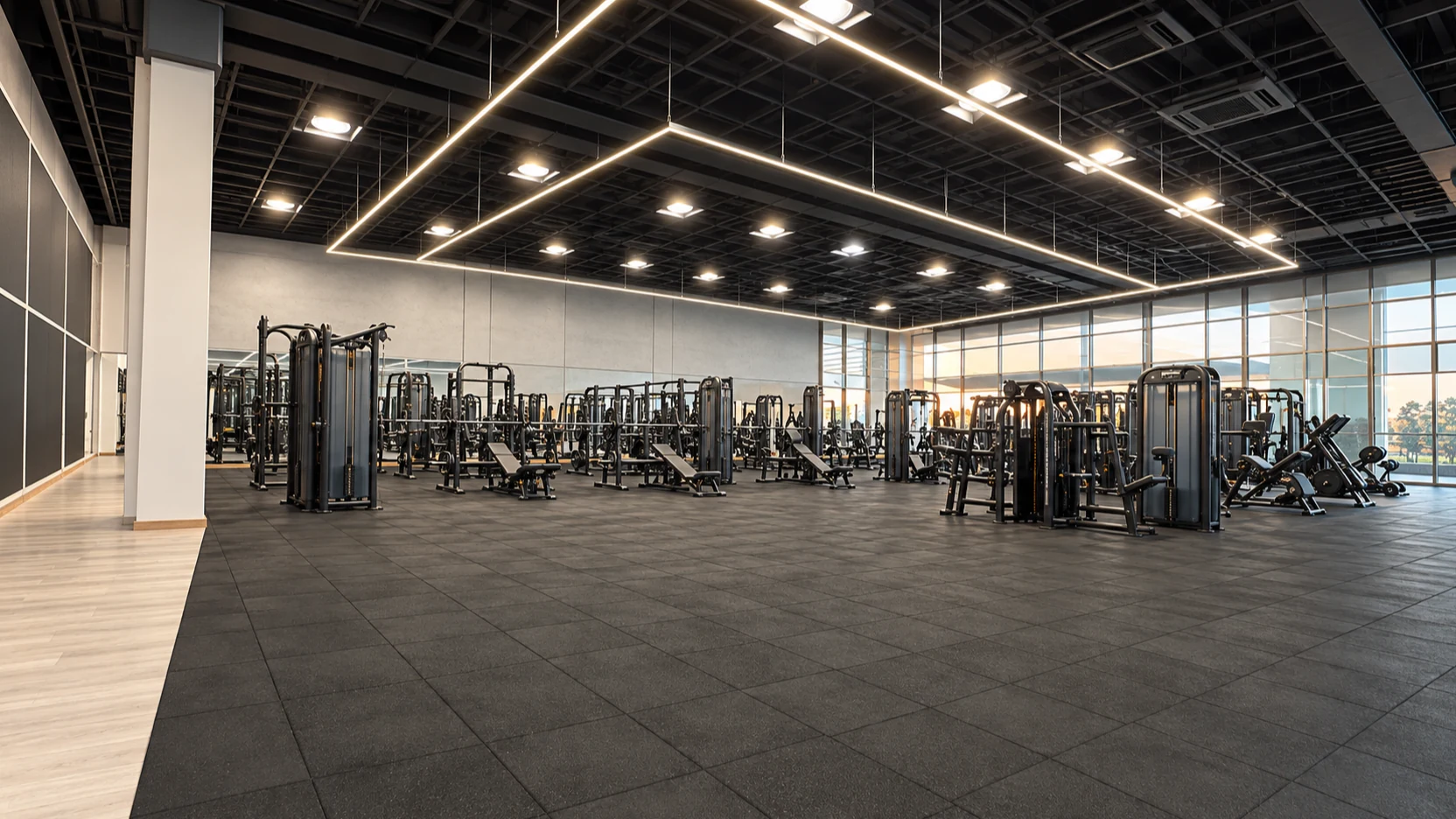 Salão de musculação amplo e vazio, com piso emborrachado preto e forro com linhas de LED, em imagem ilustrativa inspirada na Reforma Ultra Academia